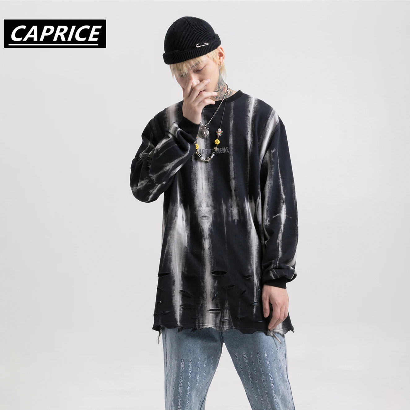 Tie Dye Distressed рваные Негабаритных Толстовки мужские хипстерские хип хоп дыры Swag