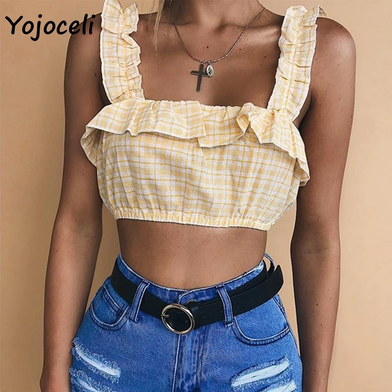 Yojoceli клетчатый топ с оборками женский укороченный короткий распродажа|Топы| |