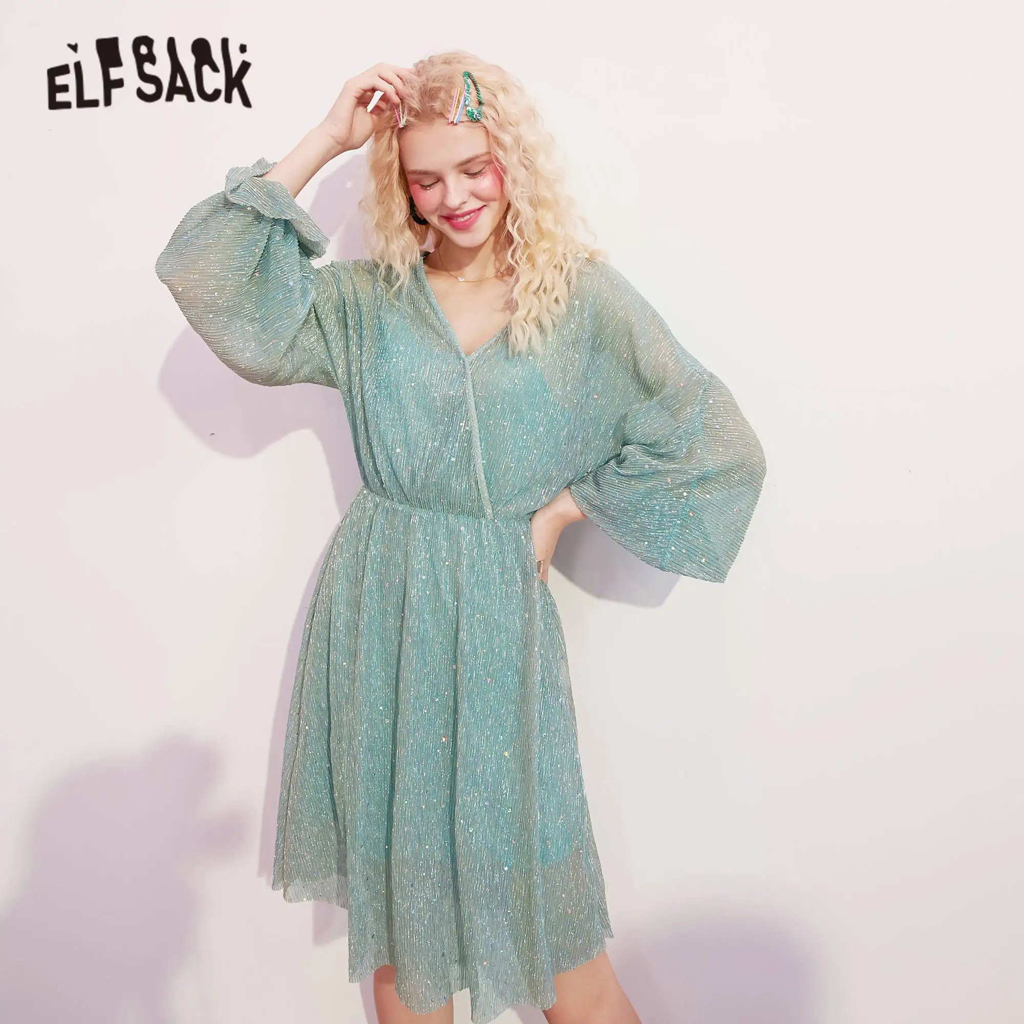 Женское однотонное платье средней длины ELFSACK зеленое повседневное корейское с