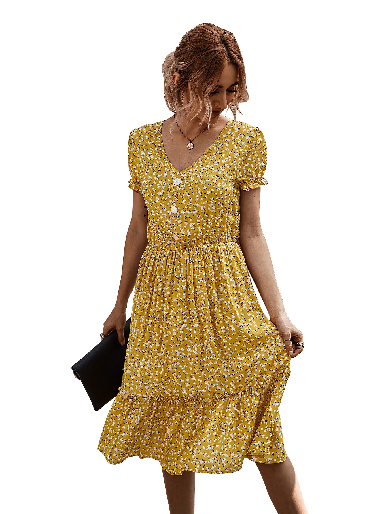 

Donsignet Fashion Women's Dress V-neck Pullover Casual Dress Classic Print Short-sleeved Button Knee-Length Dress Women