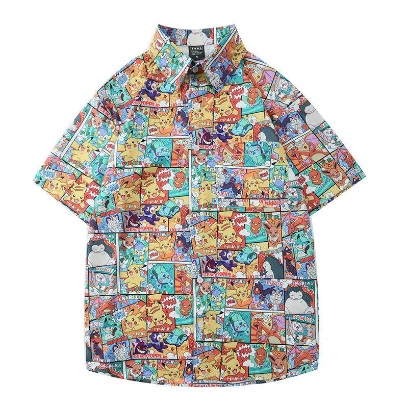 

New Pokemon Casual Printed Short Sleeve Street 2021 Hawaii Beach Oversize Fashion Button Street leisure Shirts for women Tops