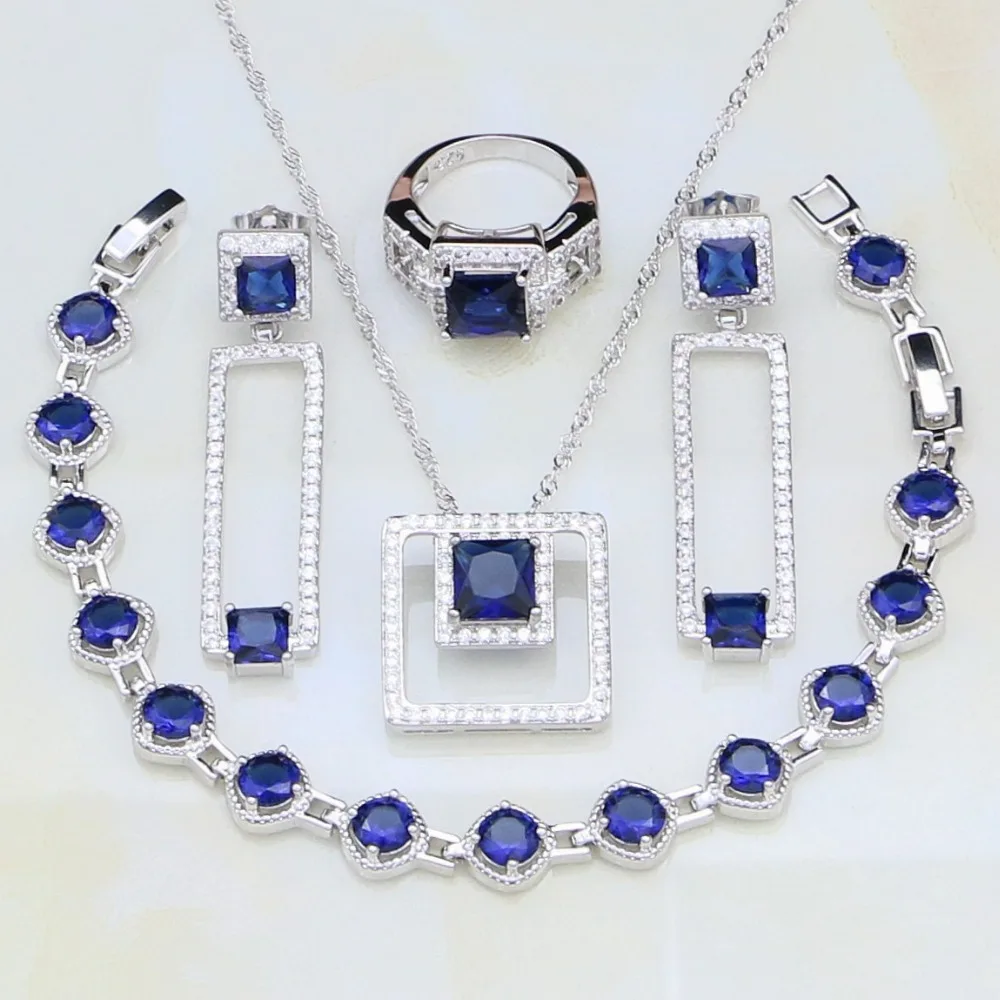 

Square Blue Cubic Zirconia White CZ 925 Sterling Silver Costume Jewelry Sets For Women Earrings/Pendant/Necklace/Rings/Bracelets