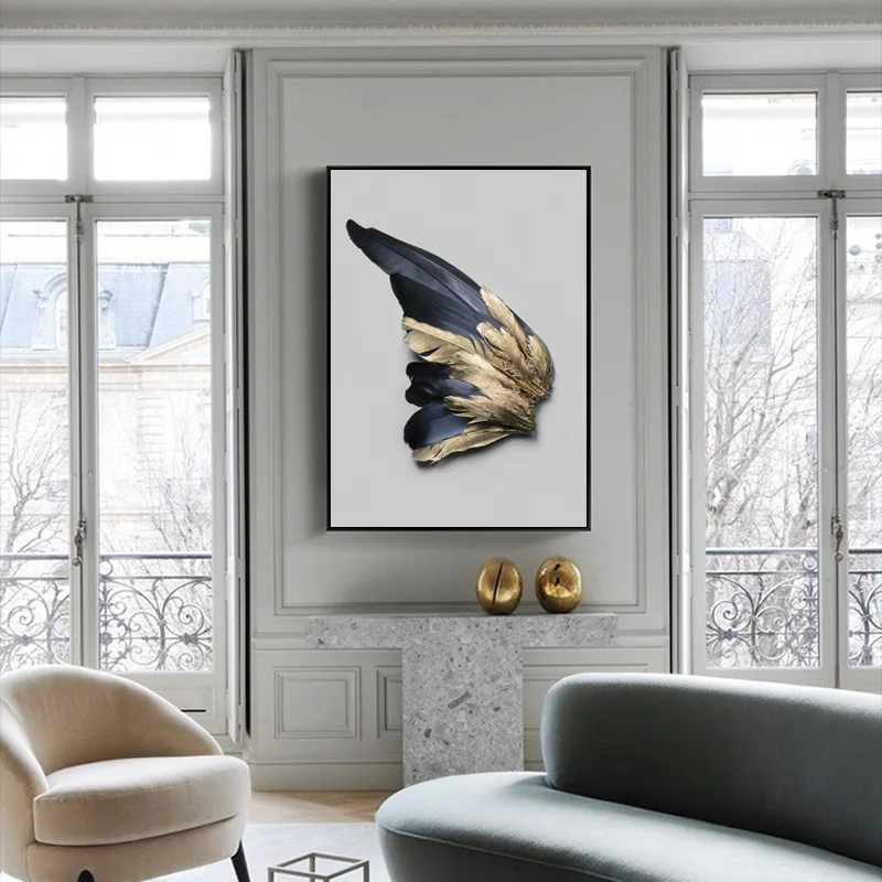 Современная Картина на холсте с золотыми перьями в скандинавском стиле постеры