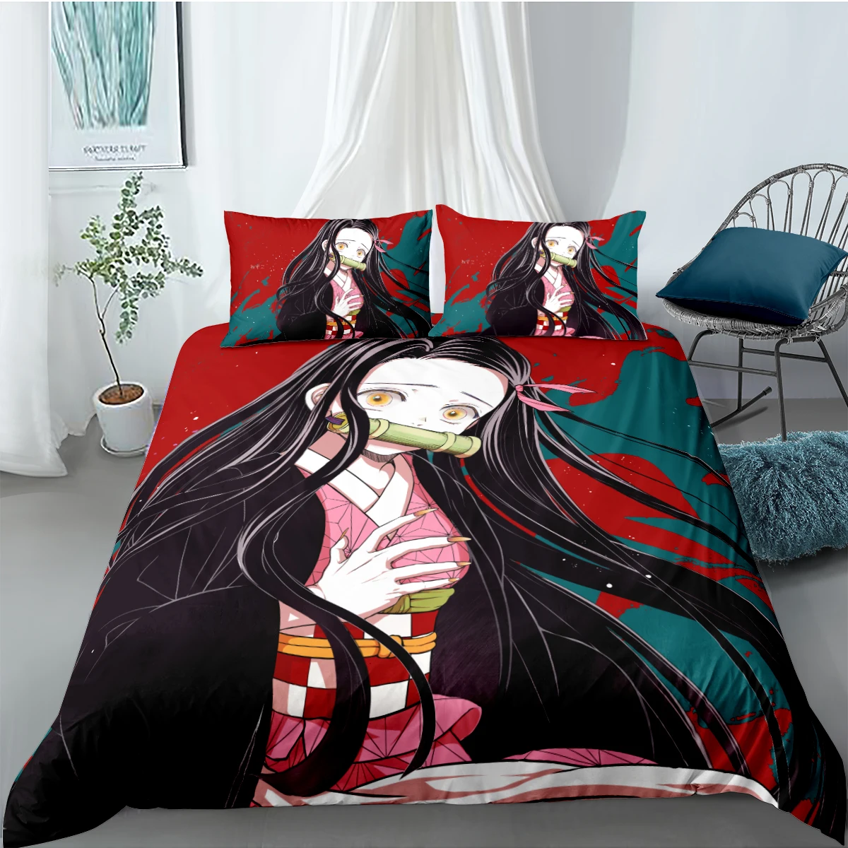 

3D Japanese Anime Cartoon Character Printed Demon Slayer Bedding Set Queen King Size For Adults Boy Gift With Pillowcases