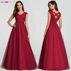 Платье женское вечернее длинное ТРАПЕЦИЕВИДНОЕ, кружевное, с V-образным вырезом, без рукавов, EZ07799BD