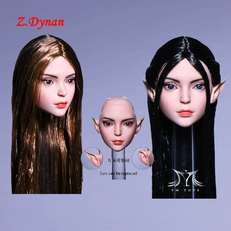 YMT044 1/6 красивая девушка-эльф голова со съемными ушками черные прямые волосы для 12