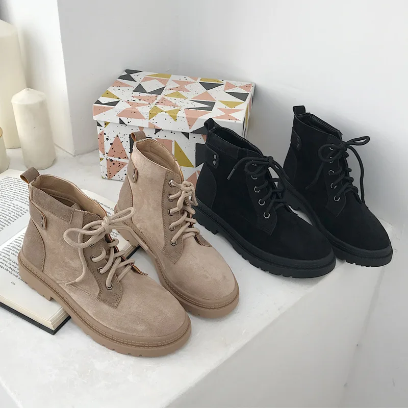 

2019 Autumn Casual Shoes Women Martin Boots Cross-tied Fashion Flock Ladies footware Female Ankle Boots Female botas mujer Black