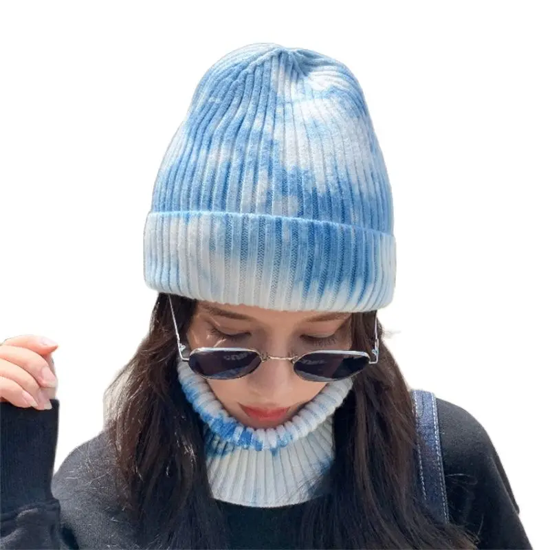 

2021 популярная осенне-зимняя шерстяная шапка градиентного цвета вязаная шапка из двух частей с утолщенной, защитой от холода и теплых ушей