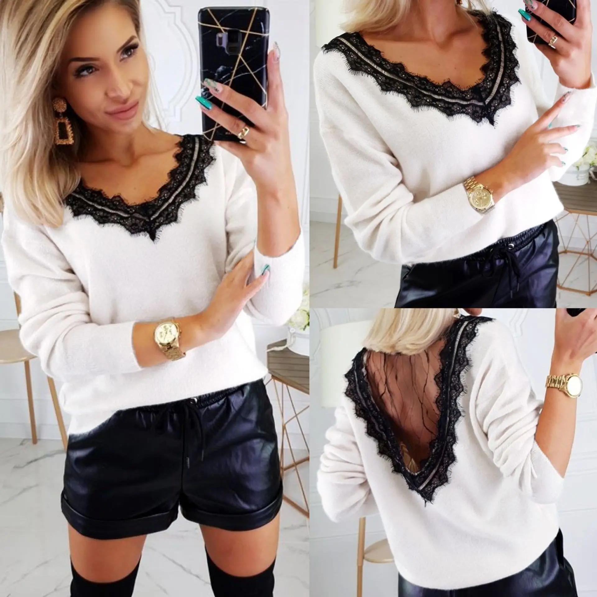 Сексуальные топы и рубашки осенняя одежда с глубоким v-образным вырезом на спине