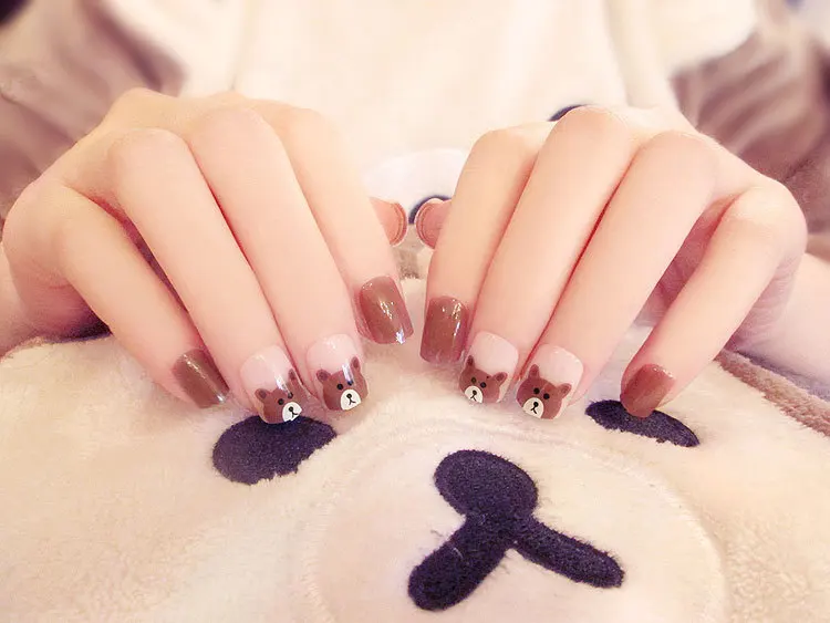New 24pieces Brown Bear Cute 3D Acrylic Classical Plastic Art Short Fake false Sticker Nail Tips Free Glue Gel [N311]