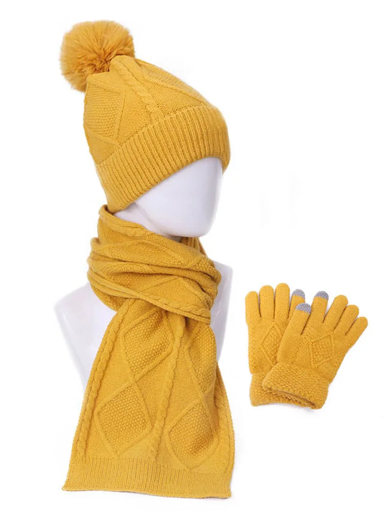 Women's Hat and scarf Gloves set three Pieces for Women Winter Kitted Wool hats for Girls Thick Warm Pom Hat scarf Glove Set