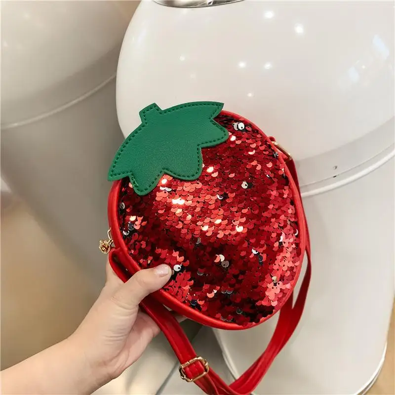 Lovely Children Sequin Small Shoulder Bag Cute Strawberry Baby Girls Crossbody Bags PU Leather Kids Boys Coin Purse Handbags