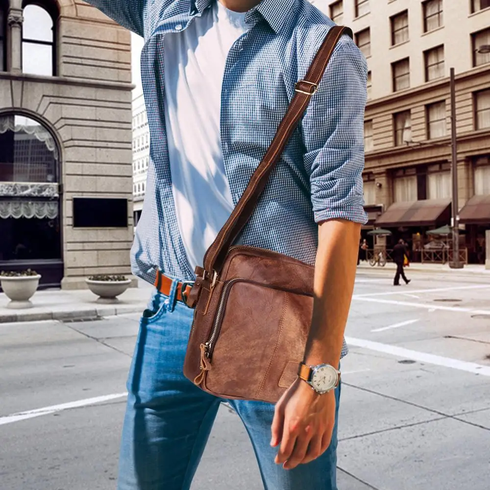

Multi Functional Men Genuine Leather Messenger Bags Smart Male Leather Handbags Three Fold Zipper Crossbody Shoulder Bags