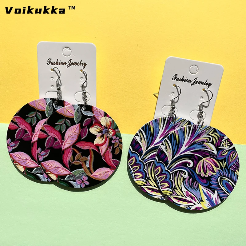 

Voikukka Jewelry Hot Sale 6 CM Circle Both Sides Printing A Painted Floral Pattern Wooden Drop Dangle Women Earrings For Gifts