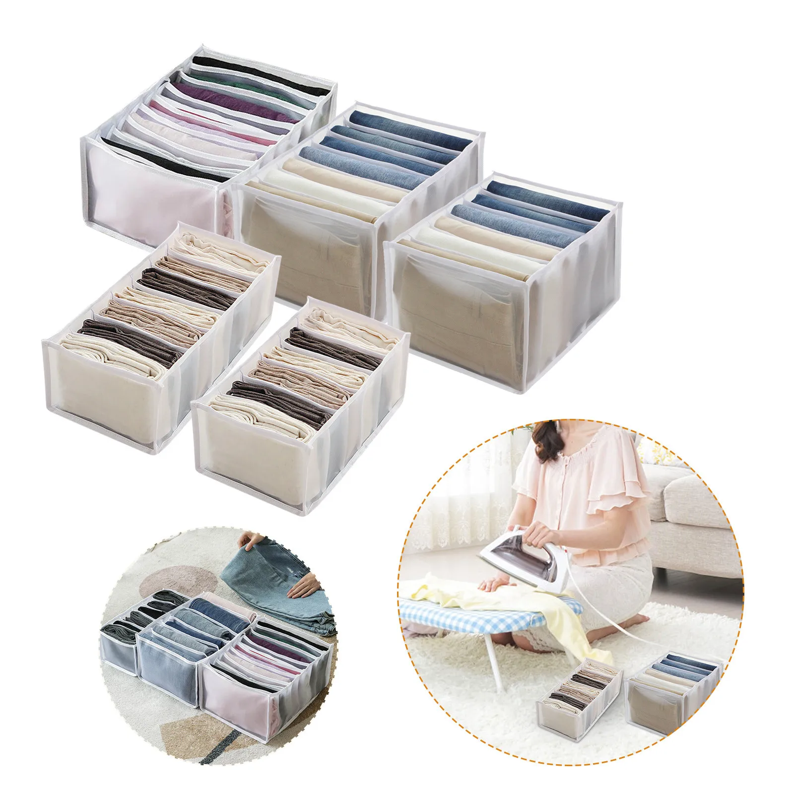

Washable Wardrobe Clothes Organizer Jeans Compartment Storage Box Foldable Closet Drawer Organizer Clothes Drawer Mesh Separatio