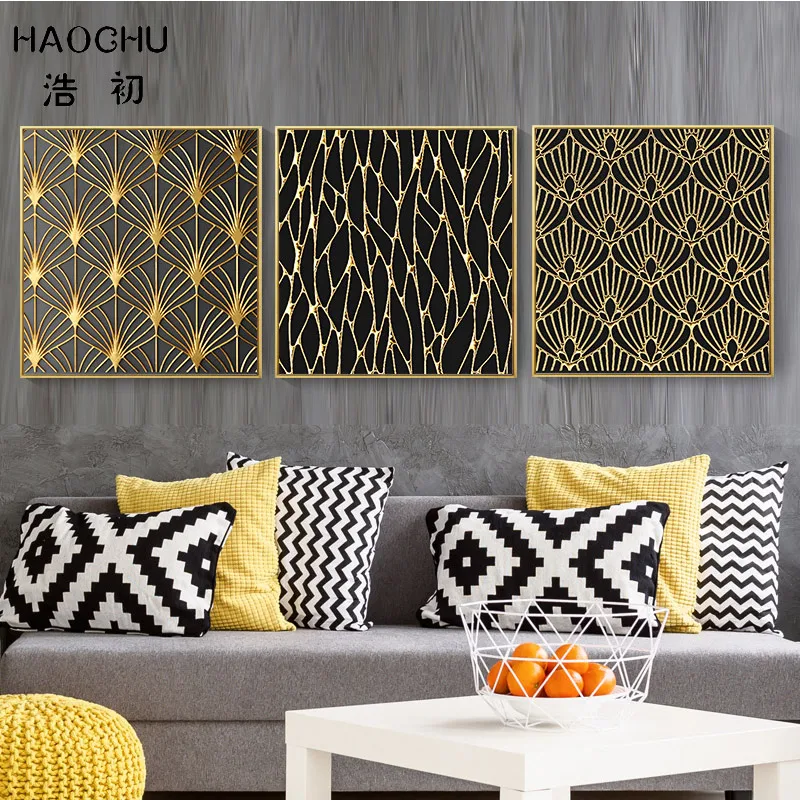 HAOCHU 3D Настенный художественный плакат и печатная графика абстрактный золотой черный белый холст картина домашний декор настенные картины для гостиной