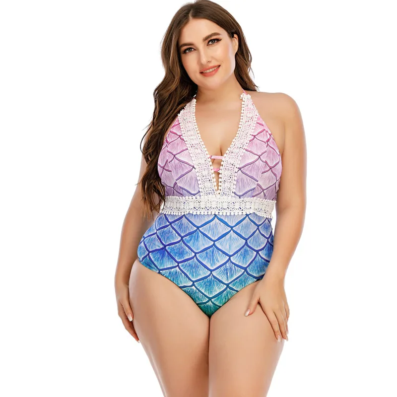 

Women Swimsuit One Piece Plus Size Swimwear Lace edge Backless Bandage Plussize Swimming Beachwear Bathing Suits for Famale