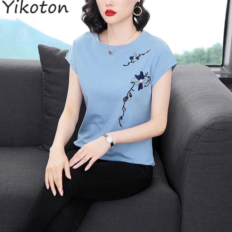 

2021 новая летняя женская футболка из хлопка, плотная ткань, вышивка, Camiseta Femenina рукав летучая мышь Повседневный Топы Женская футболка зауженн...