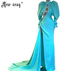 Женское вечернее платье, с высоким вырезом, с рукавами-фонариками, небесно-голубого цвета, с разрезом сбоку, для выпускного вечера, 2021