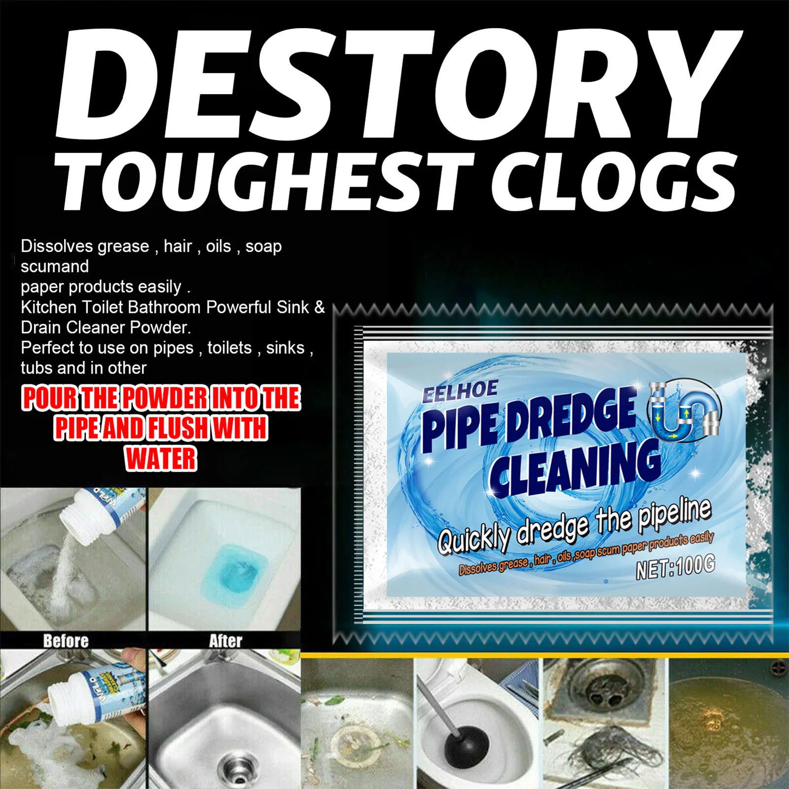 500G Pipe Dredge Cleaning Powder Powerful Kitchen Sewer Cleaner Sink Drain Dredging Agent For Toilet | Дом и сад