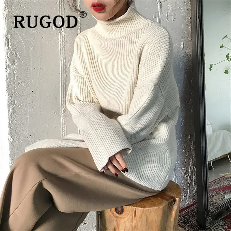 RUGOD korean solid basic sweater pullovers for women warm turtleneck loose thick knitted tops fashion casual pull female | Женская