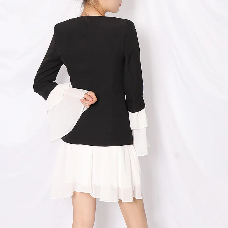 

Autumn Winter Fashion Sexy V-Neck Flare Sleeve Ruffles Black Dresses Women Evening Party