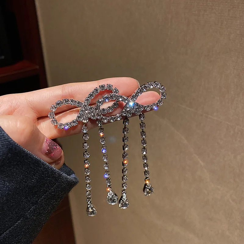 

925 Silver Needle Bow Full Diamond Earrings Simple Long Tassel Earrings Star Fashion Personalized Earrings Female