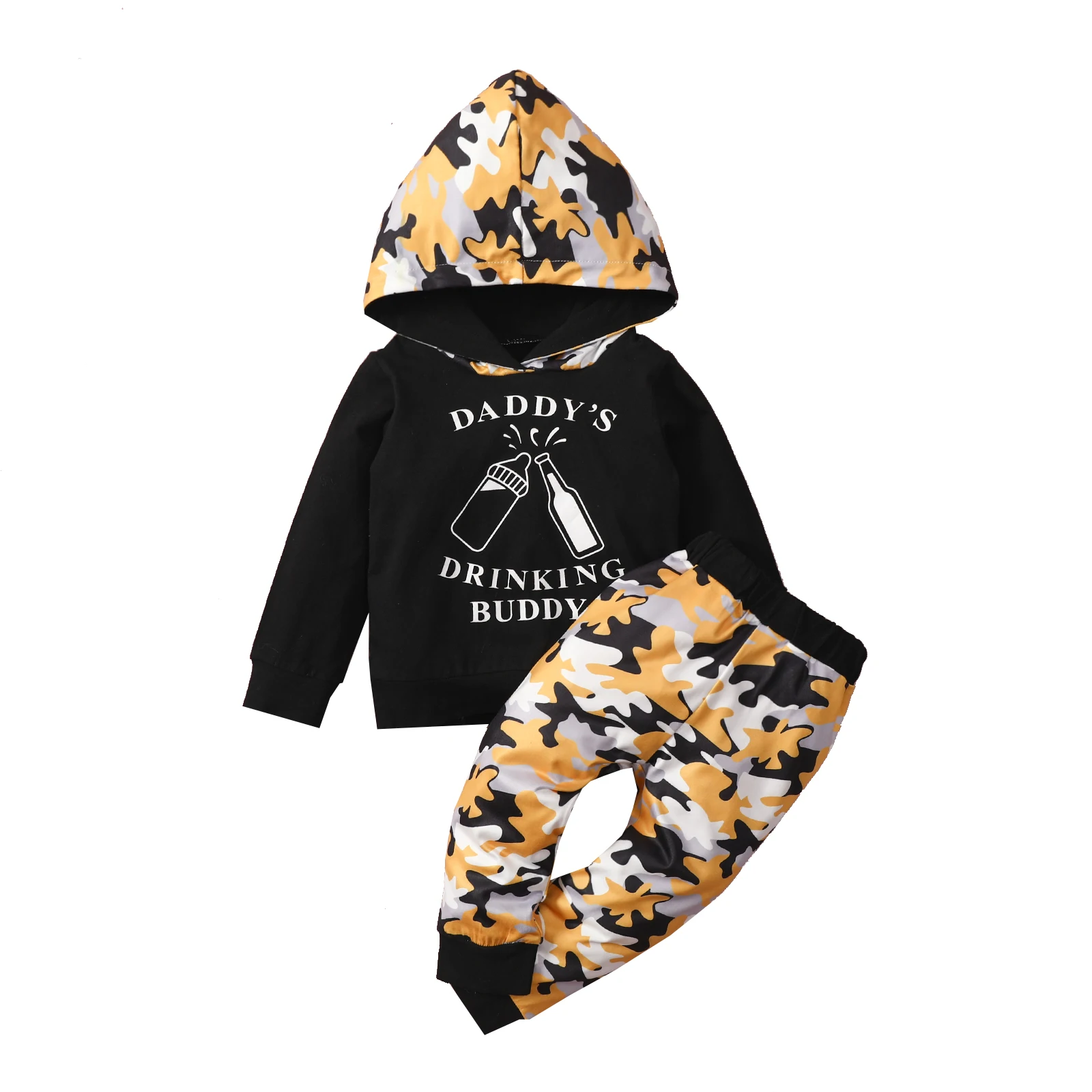 

2021 Infant Baby Boys Casual Two-piece Clothes Set, Black Hooded Pullover and Camouflage Printed Pattern Pants 6M-4T