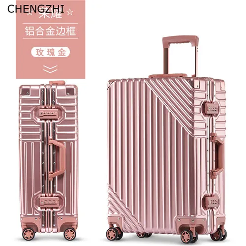 rose gold CHENGZHI2" 24" 2" 29 дюймов, роскошная алюминиевая рама, высокое качество, чемодан на колёсиках, Спиннер для мужчин, деловой чемодан, колеса, Женская дорожная сумка - Цвет: rose gold