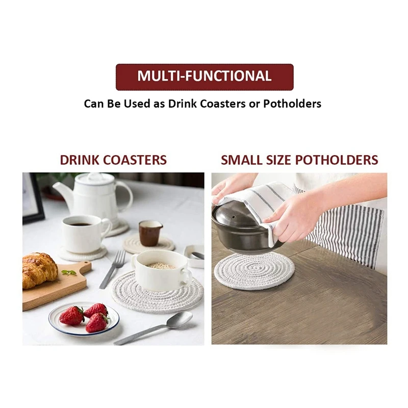 

6 pcs Handmade Braided Drink Coasters ,Newly Absorbent Drink Coasters ,4.3 Inch Round Heat-Resistant Cup Mats