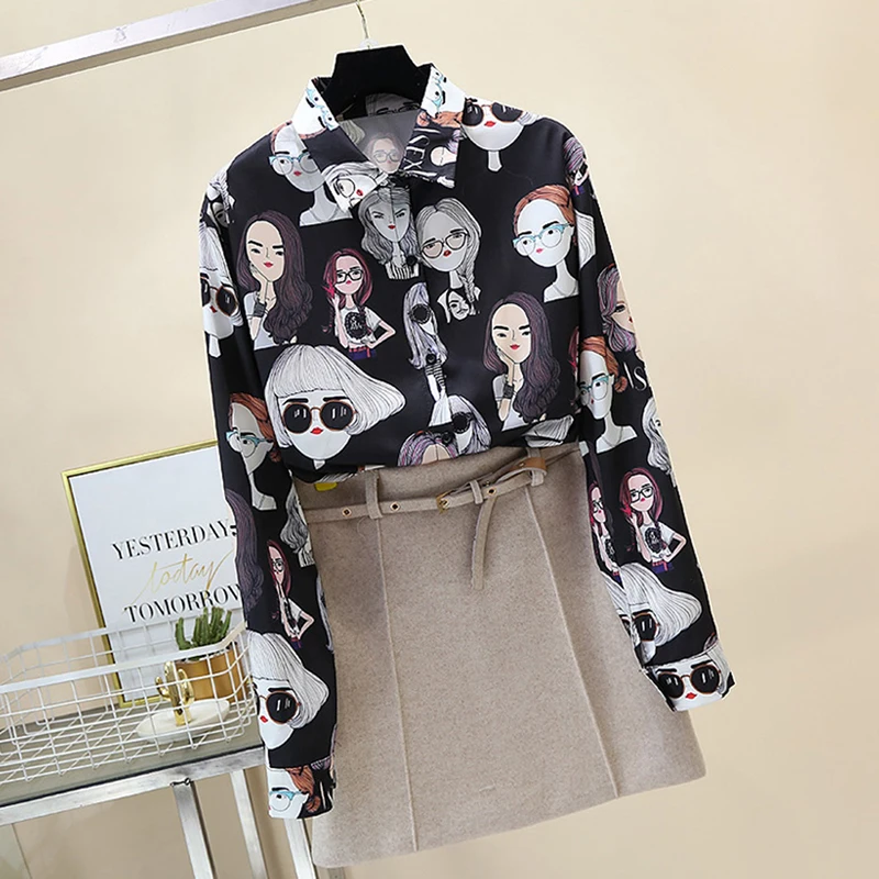 

Women's Blouse Plus Size Cotton Retro Temperament Print Lapel Blouses Long Sleeve Slim Tops Blusas New