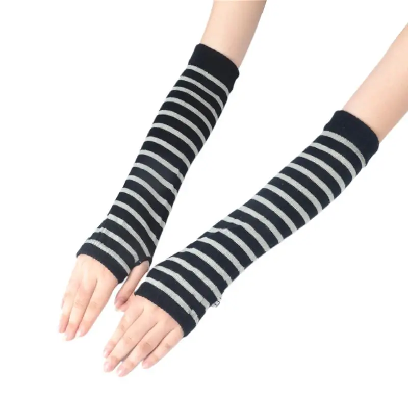 Женские вязаные длинные перчатки без пальцев зимние эластичные с принтом в