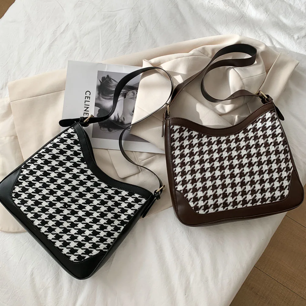 

Fashion Plaid Printed Women's Underarm Bag Retro PU Leather Nylon Splicing Handbags Portable Big Capacity Street Travel Purse