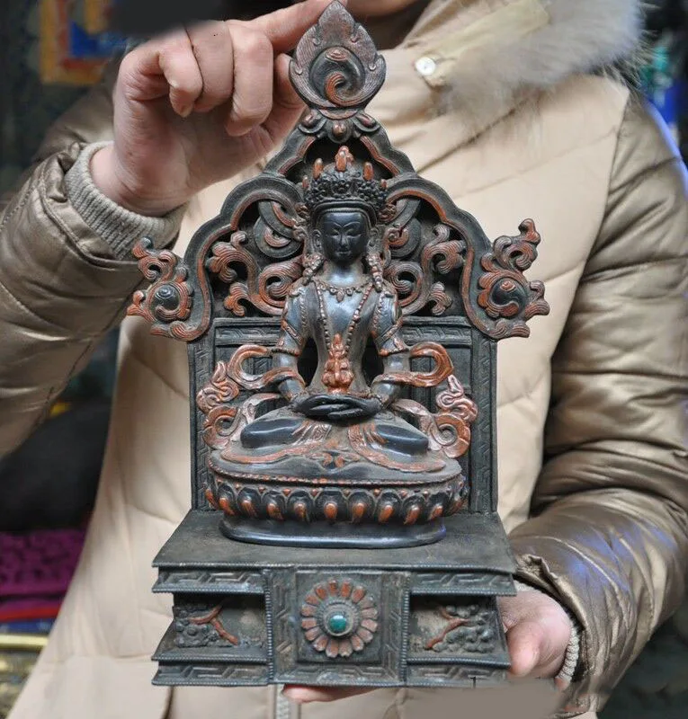 

Свадебные украшения Старый тибетский буддизм, бронзовый Амитаюс долголетия бог kwan-инь богиня статуя Будды