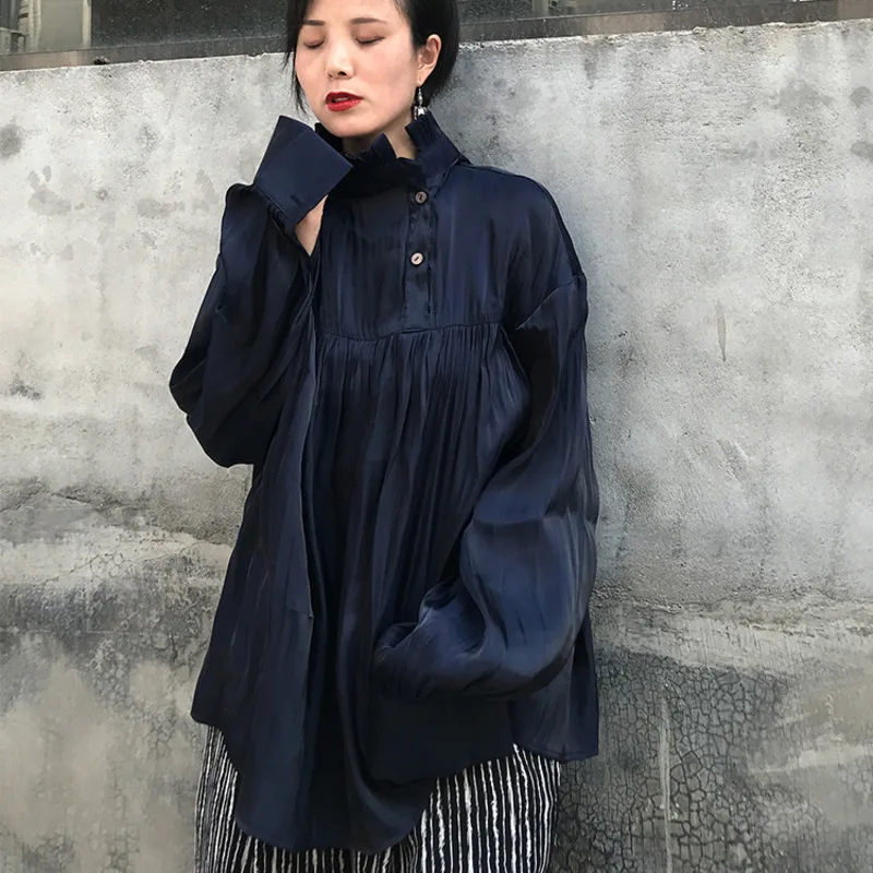 LANMREM Темно Синяя водолазка длинный рукав сшитая плиссированная свободная плюс