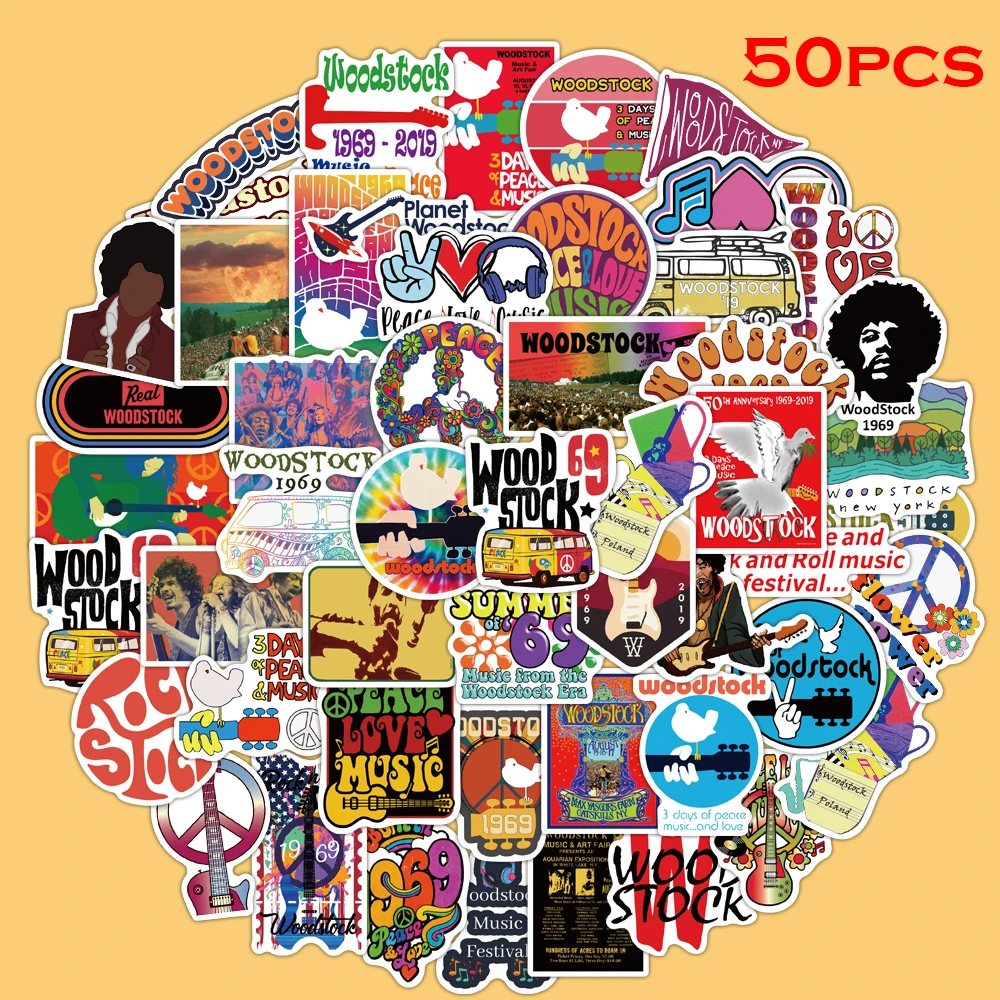 50 шт. Вудсток рок музыки Праздничные наклейки Водонепроницаемый ПВХ наклейка для