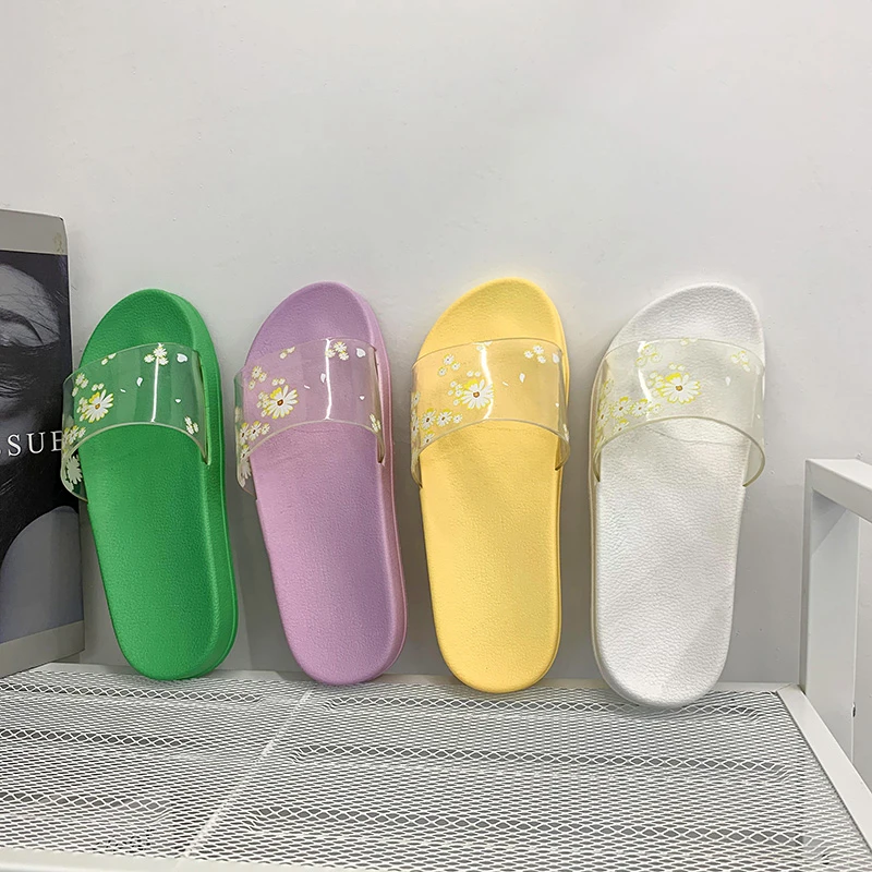 

Yellow Flower Home Women Slipper Summer Female Soft Indoor House Flip Flop Ladies PVC Transparent Chrysanthemum Shoes Kids Girl