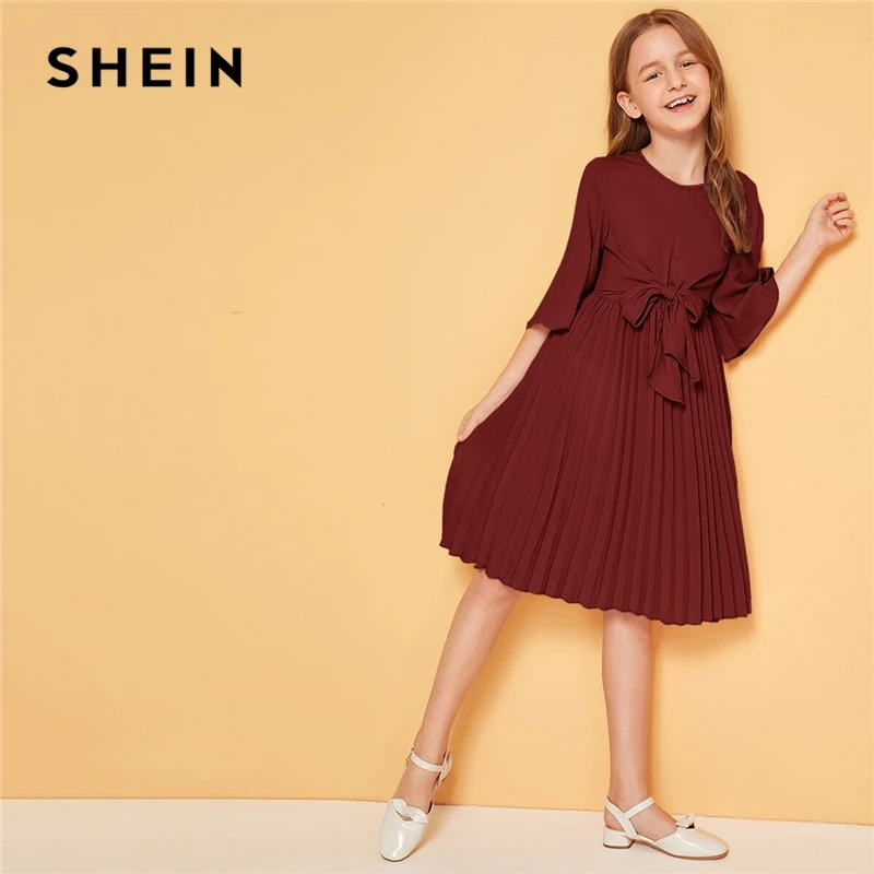 SHEIN/детское однотонное плиссированное платье с завязками спереди для девочек; милое детское платье; коллекция года; Летние Детские платья трапециевидной формы с рукавами-воланами до колена