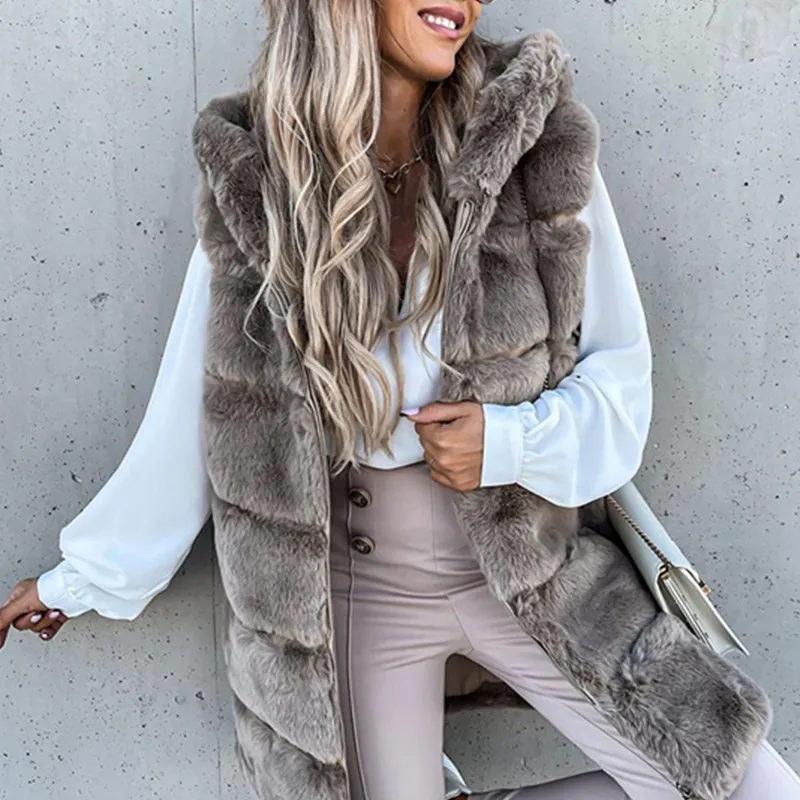 

Elegant Sleeveless Office Top Outerwear Mujer Women Soft Furry Vest Coats Autumn Winter Fashion Zipper Hooded Sweatshirt Jackets