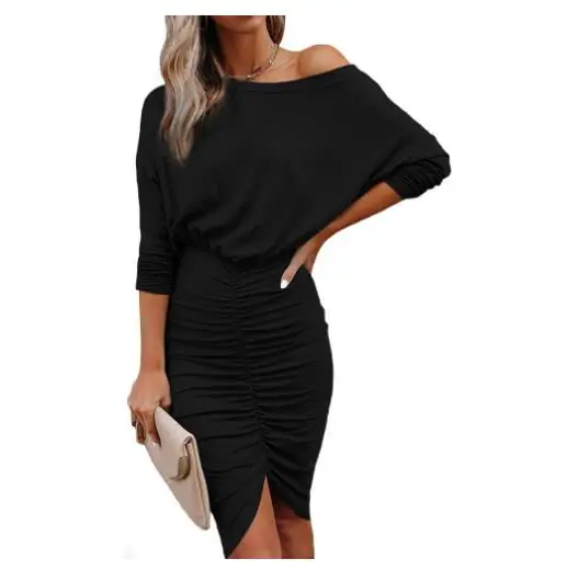 

autumn and winter new women's fashion Vestidos long-sleeved mid-skirt Slim sexy oblique shoulder wrinkle party Dresses