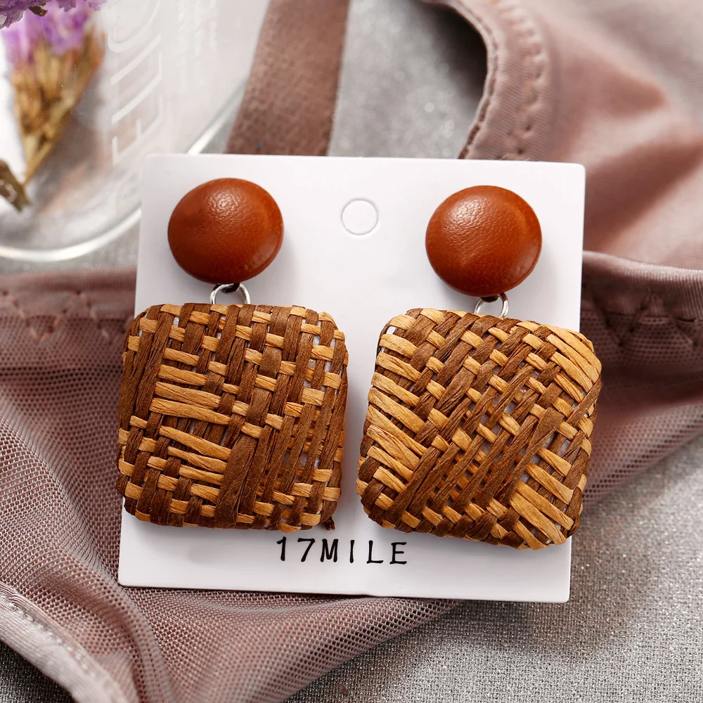 

Donarsei Ethnic Leopard Rattan Earrings For Women Handmade Bohemian Geometric Water Drop Wood Dangle Earrings Boho Jewelry
