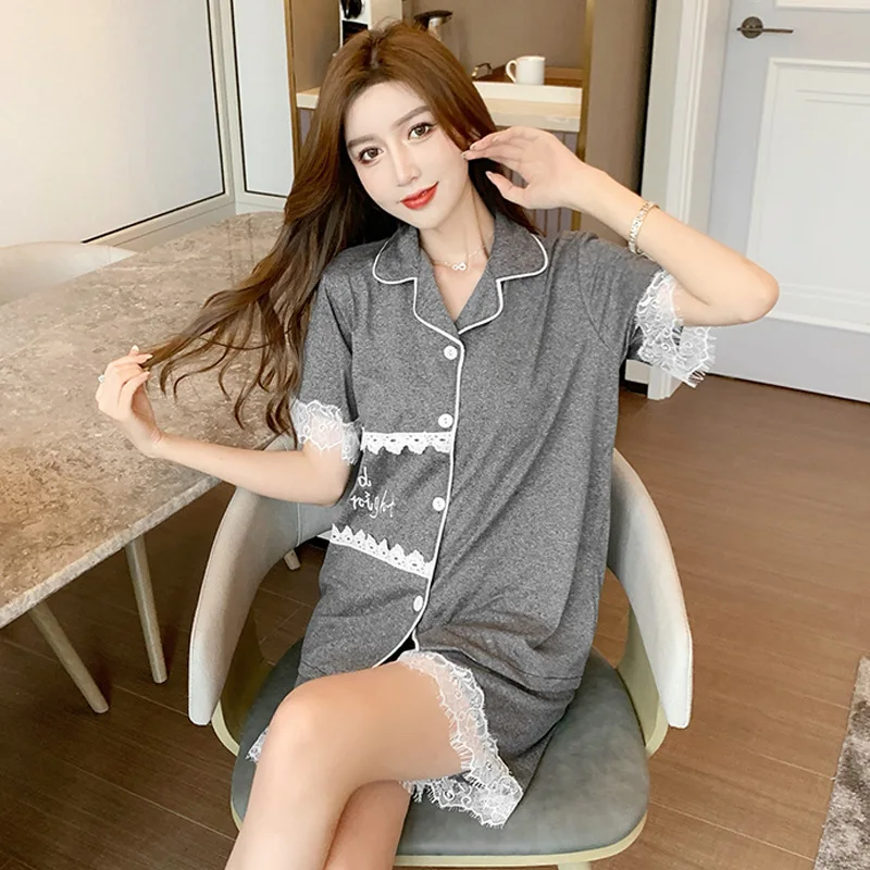 Goodnight Nightwear Summer New Cardigan Lace Pajamas Set Women's Loose Fitting Housewear Lady Sleepwear Female Nightgown
