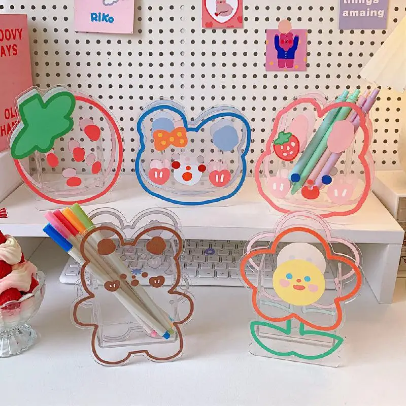 

Kawaii Desktop Clear Cartoon Pen Holder Cute Animal Stationery Storage Holder Box Large Capacity For Home School Office Dorm