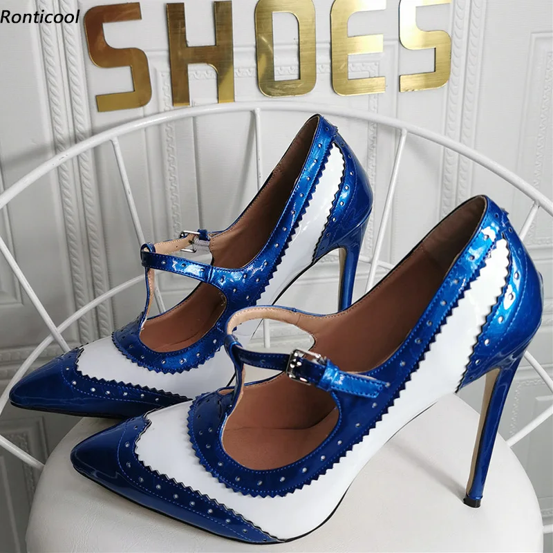 

Ronticool Handmade Women T-Strap British Pumps Glossy Stiletto Heel Pointed Toe Gorgeous Blue Red Party Shoes US Plus Size 5-15