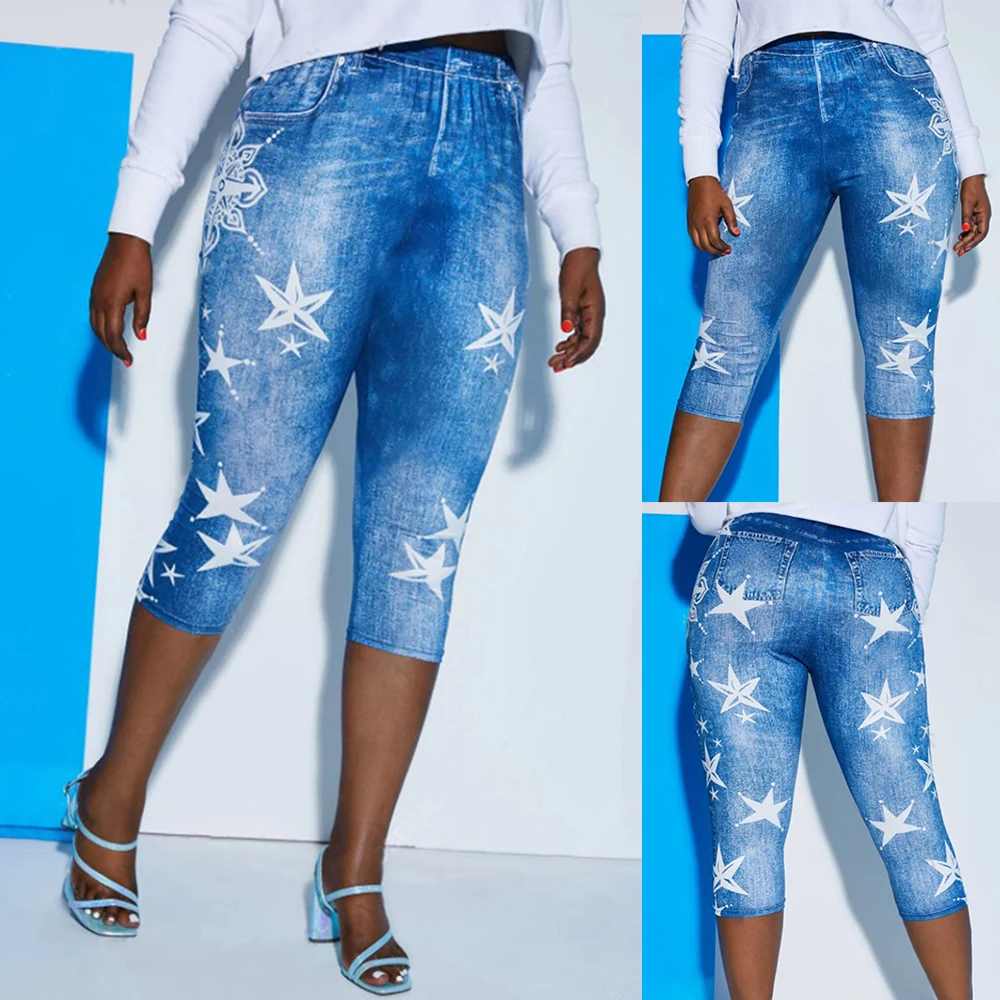 

Women Lmitation Denim High Waist Slim Fit Leggings Stretch Star Calf-Length Pencil Pants Fashion Oversized Casual Trousers D30