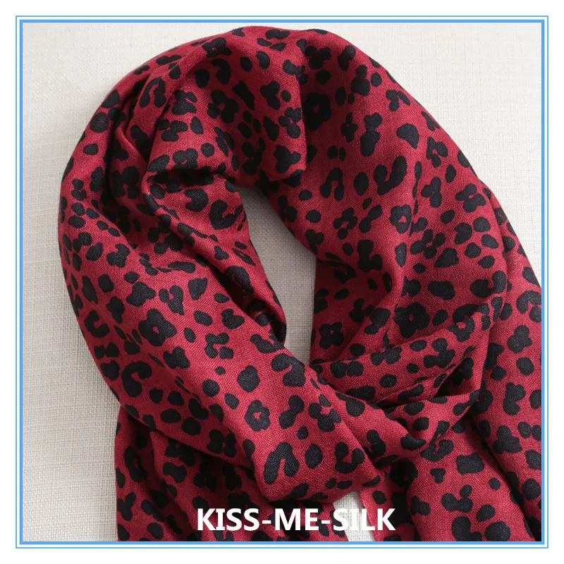 

KMS Classic wine red leopard scarf printed pure wool shawl dual-use thin for women 70*200CM/100G