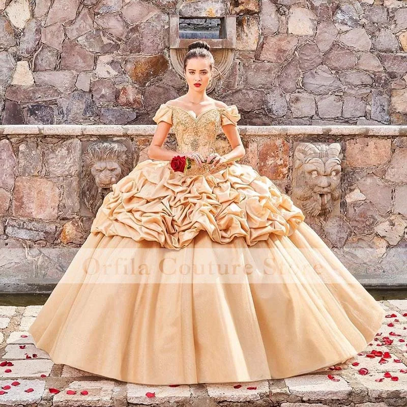 

Princess Gold Girls vestidos de xv años 2021 Quinceanera Dresses Sweetheart Lace Applique Ball Gown Masquerade Prom Wea