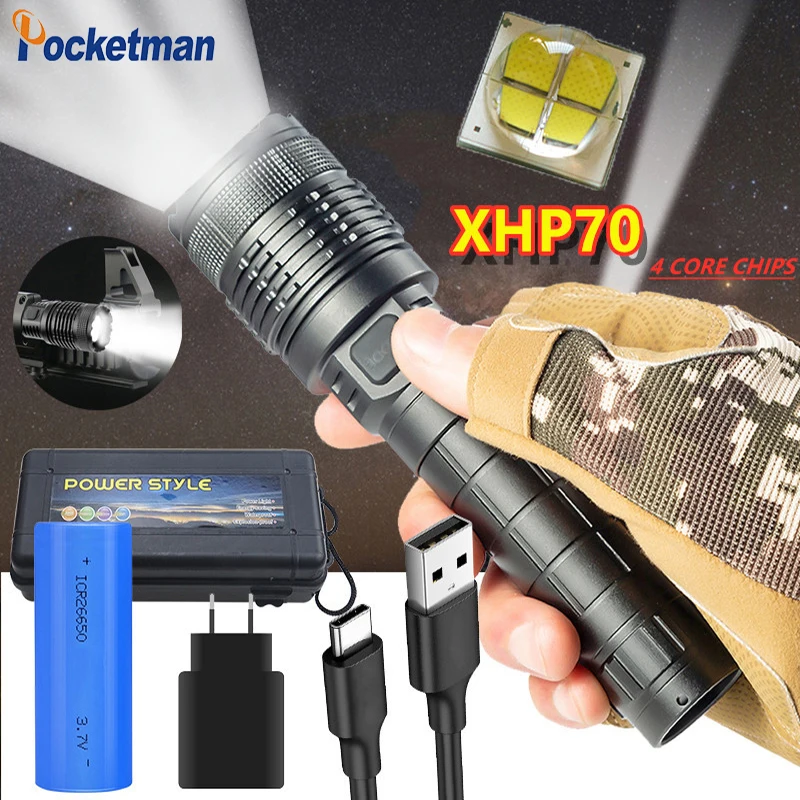 Ультра мощный светодиодный фонарик 18650 с зарядкой от USB XLamp XHP70 тактический