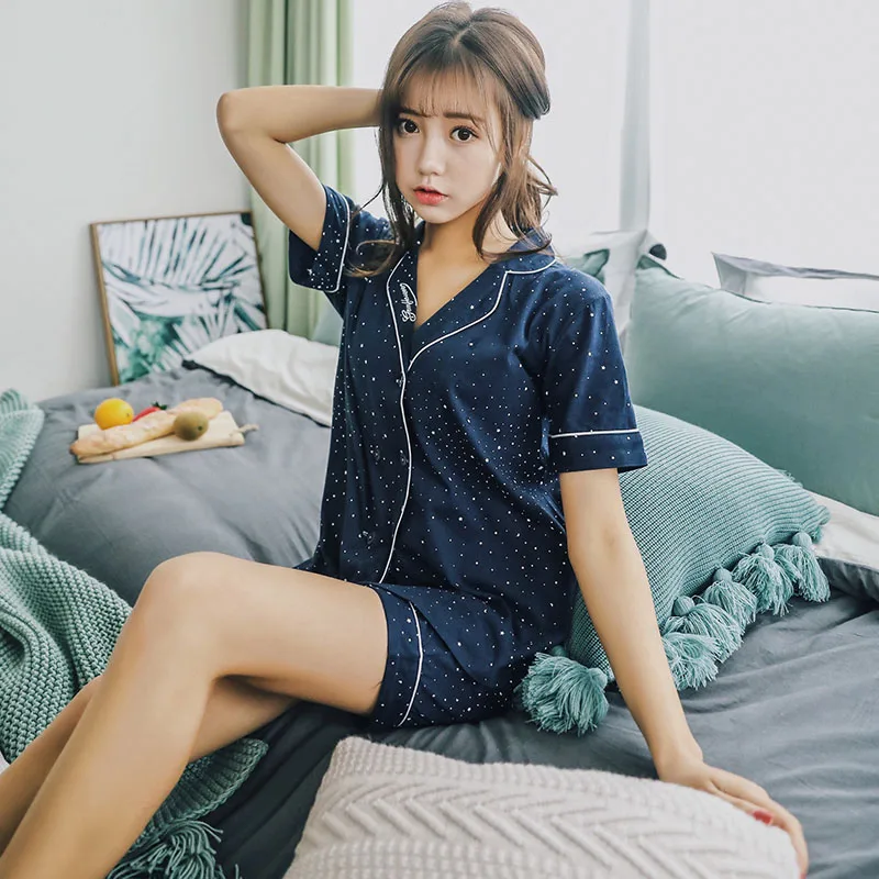 Женская пижама со звездами летняя Хлопковая синего цвета с пуговицами для