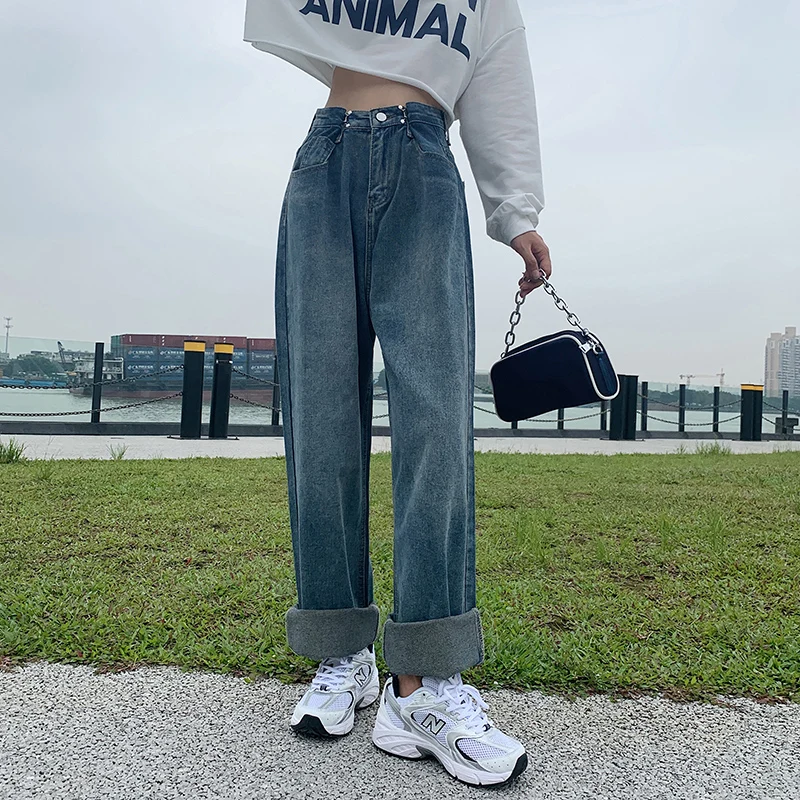 

XS-XL plus size women's wide-leg jeans fashion casual light blue denim trousers were thin and tall and elegant pants